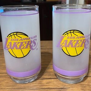 2 Vintage Mobil Gas LA Lakers NBA Libby Frosted Glass Tumbler Licensed 1980s